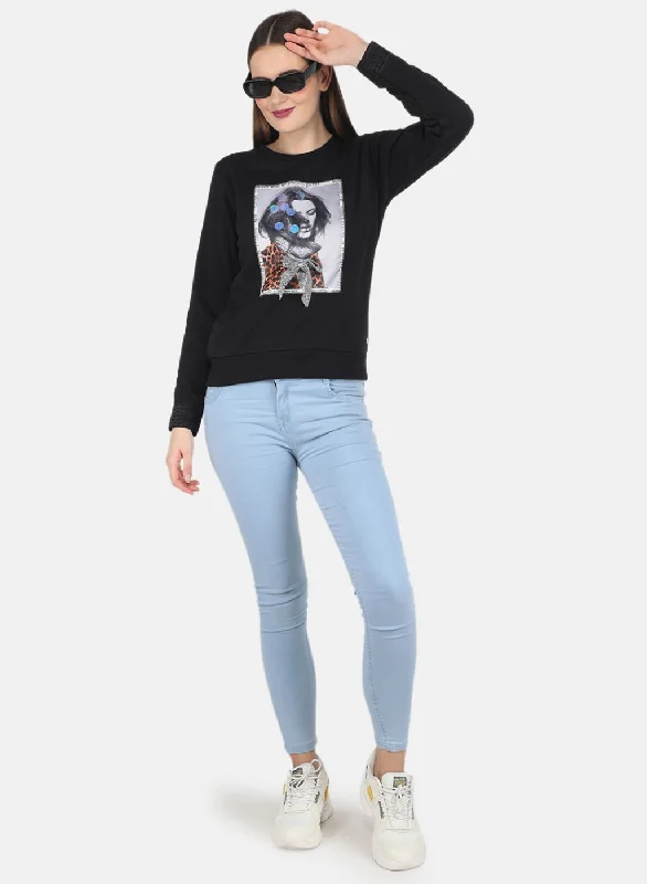 Women Black Printed Sweatshirt