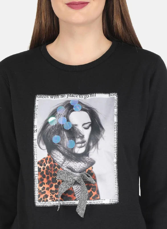 Women Black Printed Sweatshirt