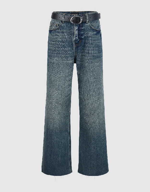 Raw Hem Wide-Leg Jeans With Belt