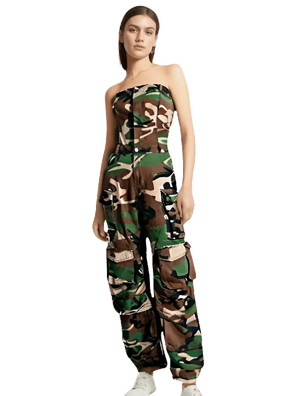 Strapless Camouflage Cargo Jumpsuits For Women