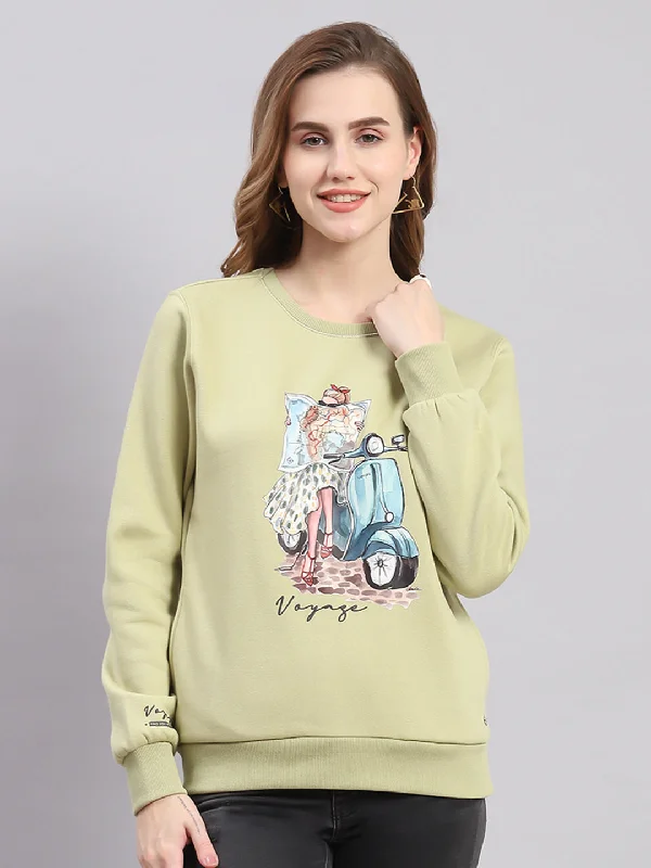 Women Green Printed Round Neck Full Sleeve Sweatshirts