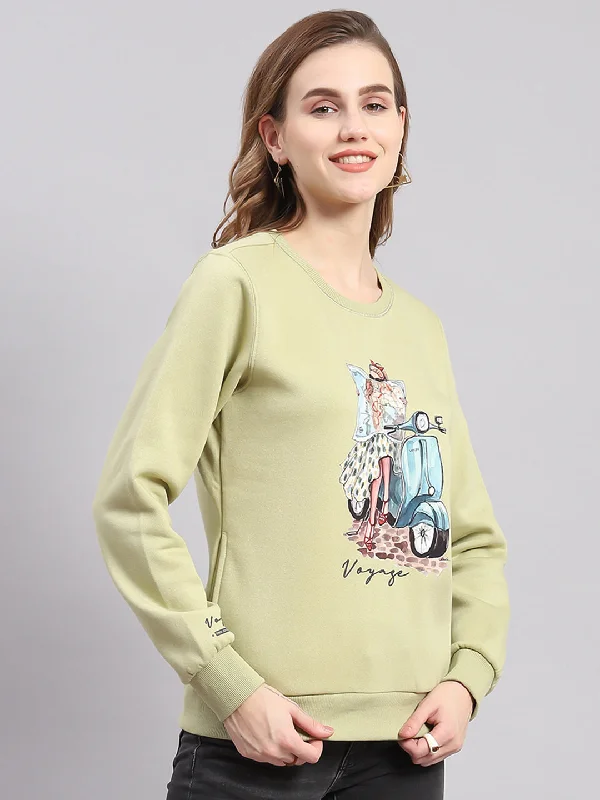 Women Green Printed Round Neck Full Sleeve Sweatshirts