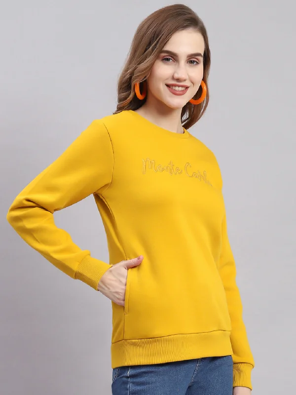 Women Mustard Embroidered Round Neck Full Sleeve Sweatshirts