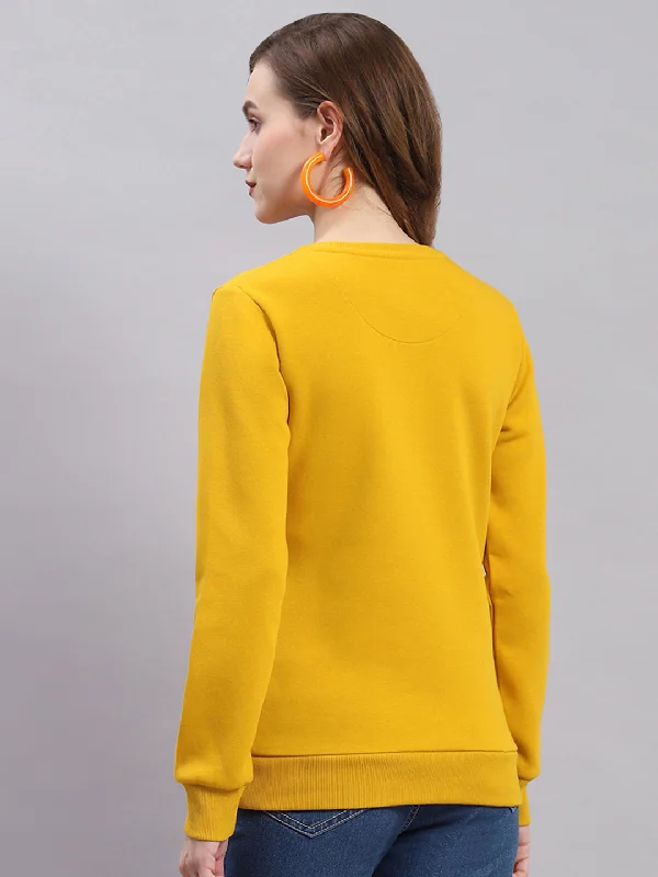 Women Mustard Embroidered Round Neck Full Sleeve Sweatshirts