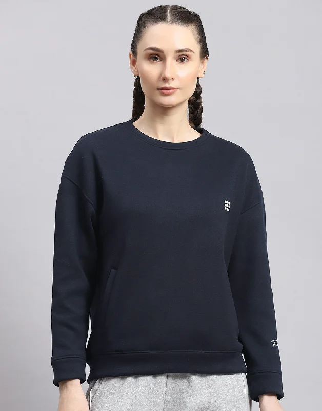 Women Navy Blue Solid Round Neck Full Sleeve Sweatshirt