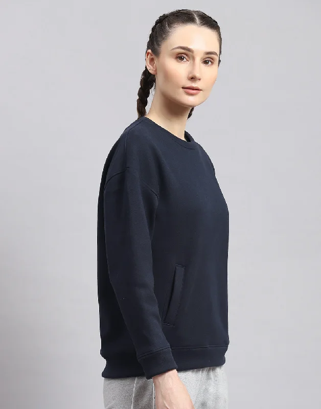 Women Navy Blue Solid Round Neck Full Sleeve Sweatshirt