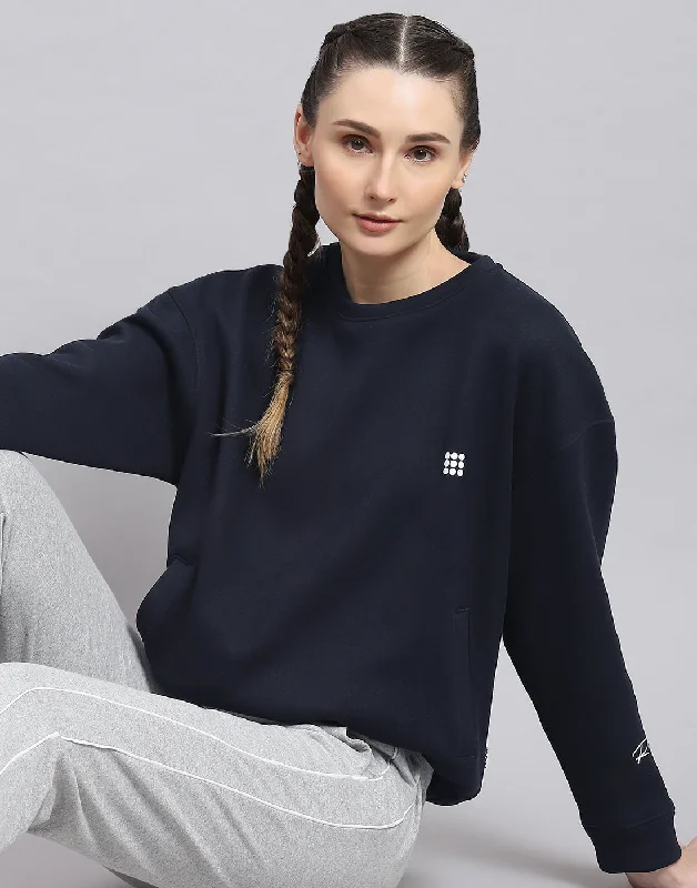 Women Navy Blue Solid Round Neck Full Sleeve Sweatshirt