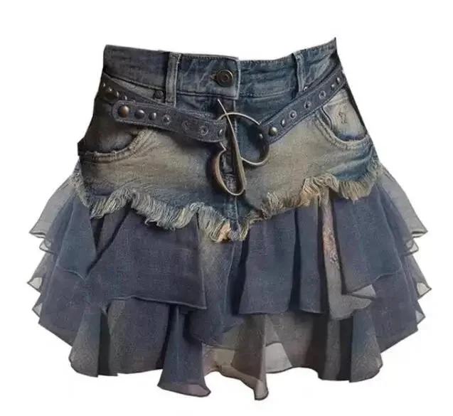 Getadme Women Patchwork Denim Skirt Vintage Y2k Summer Harajuku Korean Streetwear Fashion A-line Mini Jeans Skirt Pippie Clothes