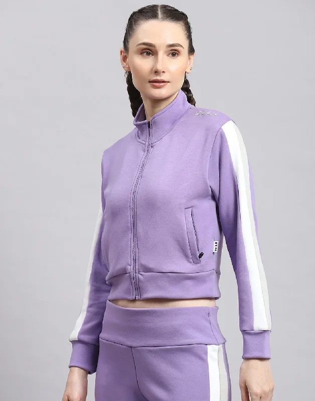 Women Purple Solid Stand Collar Full Sleeve Sweatshirt