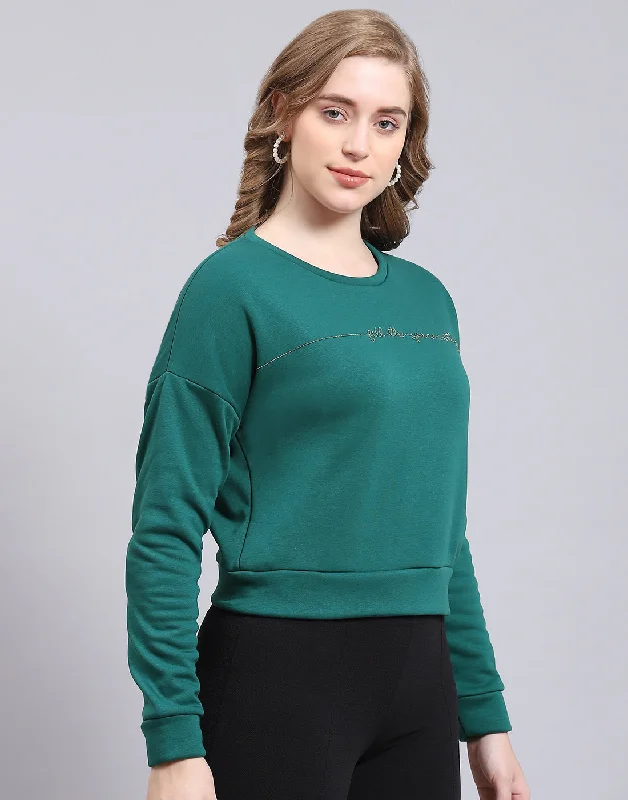 Women Teal Blue Embroidered Round Neck Full Sleeve Sweatshirt