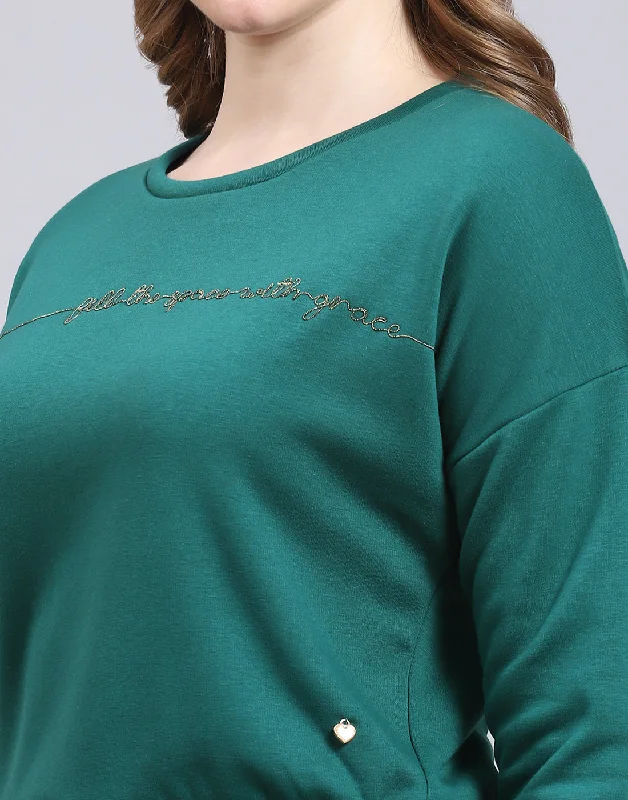 Women Teal Blue Embroidered Round Neck Full Sleeve Sweatshirt