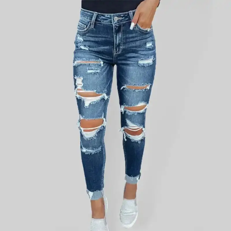 Women’s Rip Distressed Lined With Plaid Print Curvy Fit Skinny Jeans