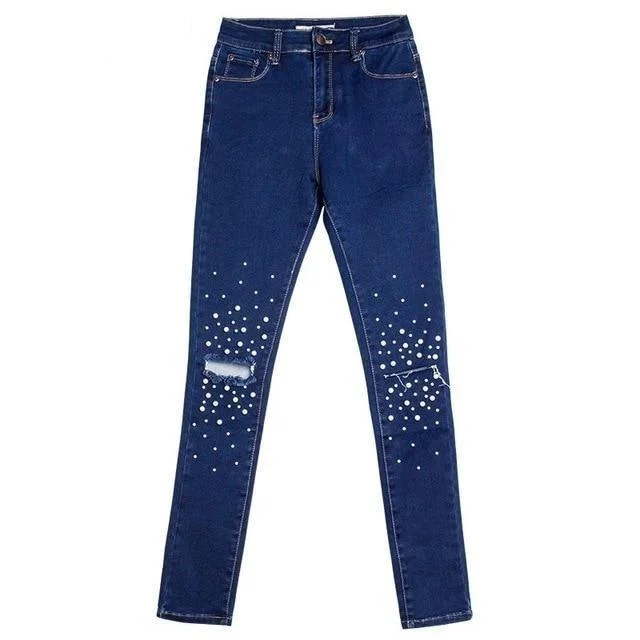 Women's Skinny Elastic Fashion Hole Beading Dark Blue Full Slim Pencil Jeans