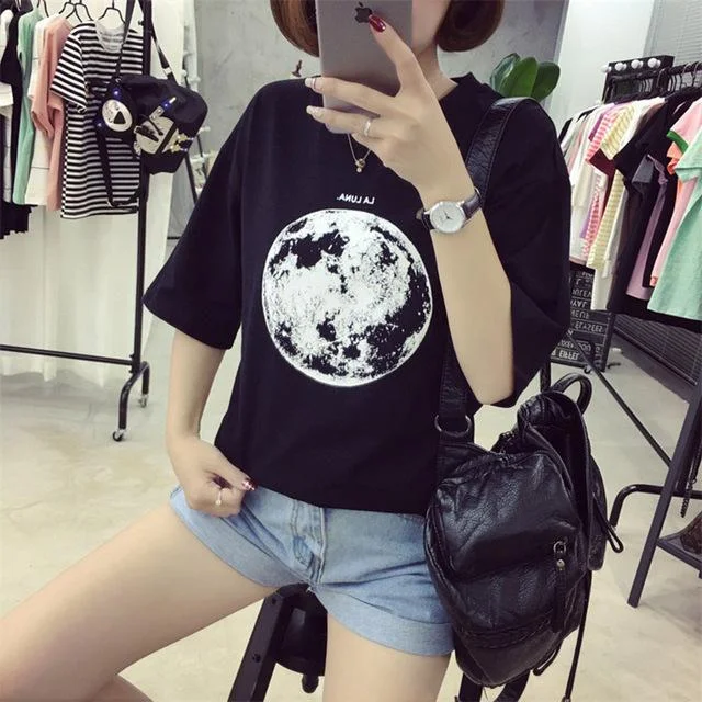 Women's Summer Personality Planet Moon Printed Loose Slim T-Shirts