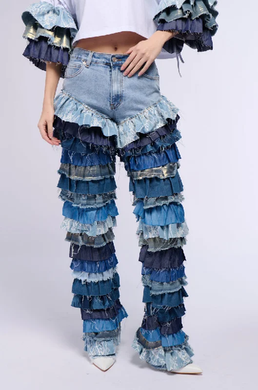 WONDERLAND RUFFLED WIDE LEG DENIM JEAN