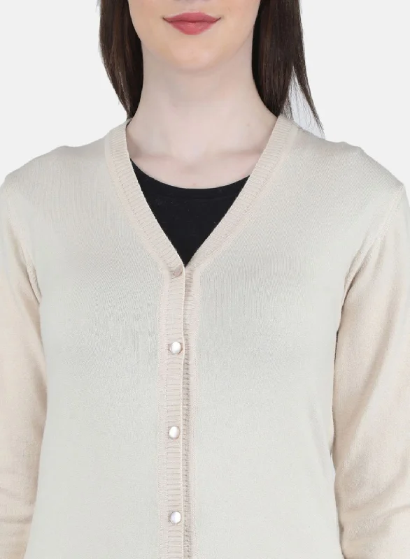 Women Beige Self Design Cardigan