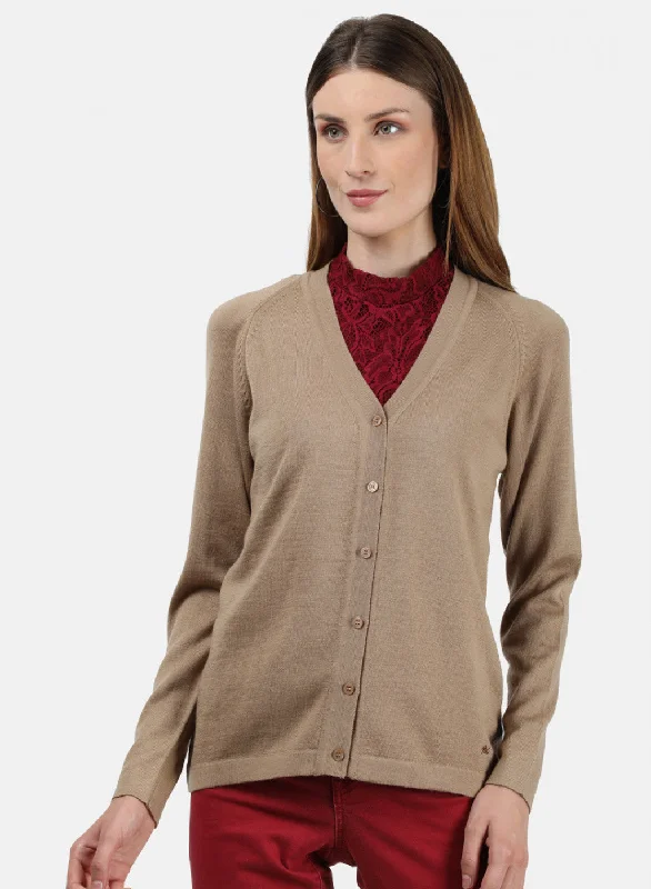 Women Beige Solid Cardigan