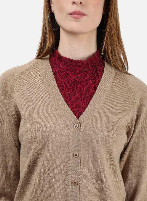 Women Beige Solid Cardigan