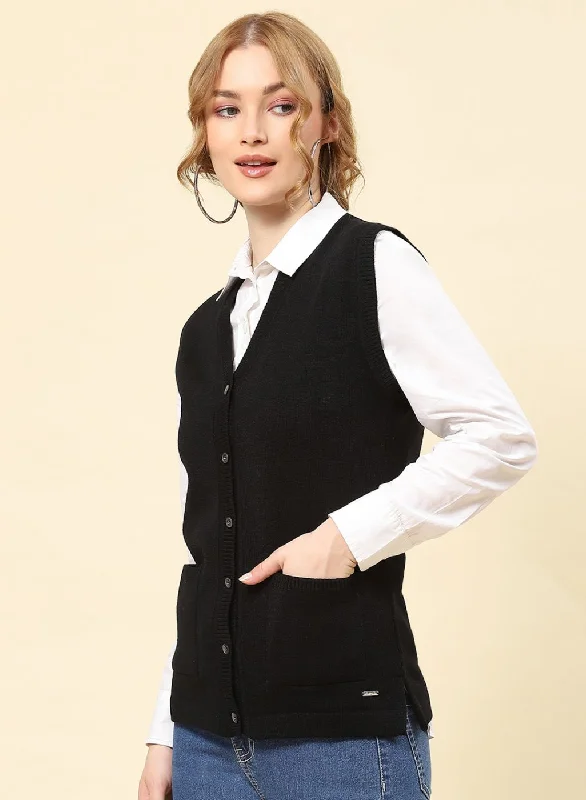 Women Black Solid Blend wool Cardigan