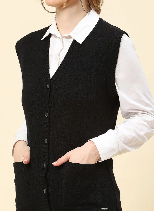 Women Black Solid Blend wool Cardigan