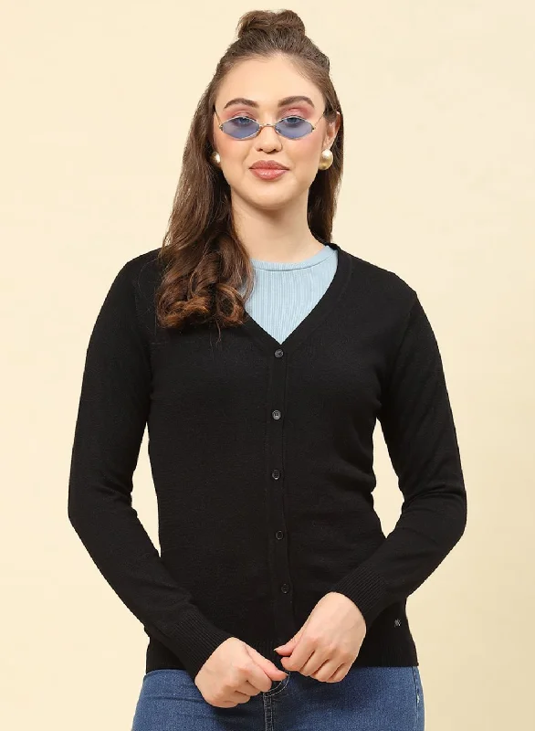 Women Black Solid Modal Nylone Cardigan