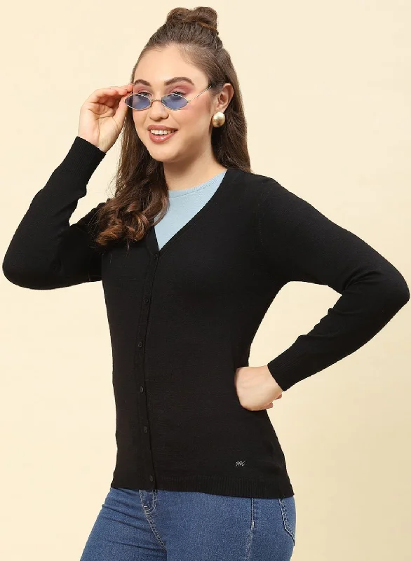 Women Black Solid Modal Nylone Cardigan