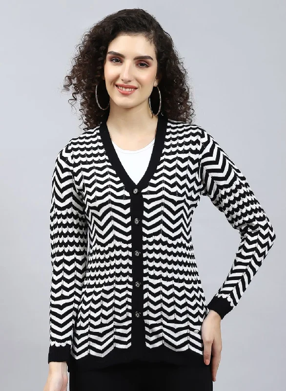 Women Black Stripe Wool blend Cardigan