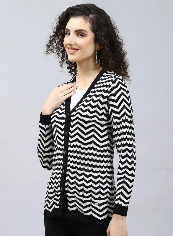 Women Black Stripe Wool blend Cardigan