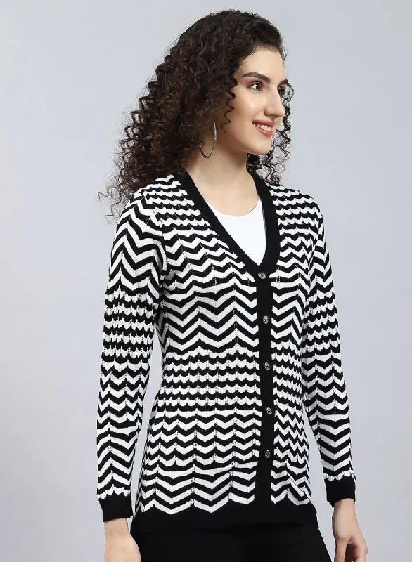 Women Black Stripe Wool blend Cardigan