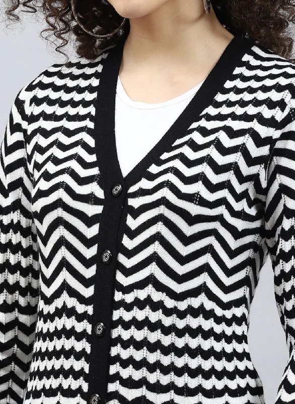 Women Black Stripe Wool blend Cardigan