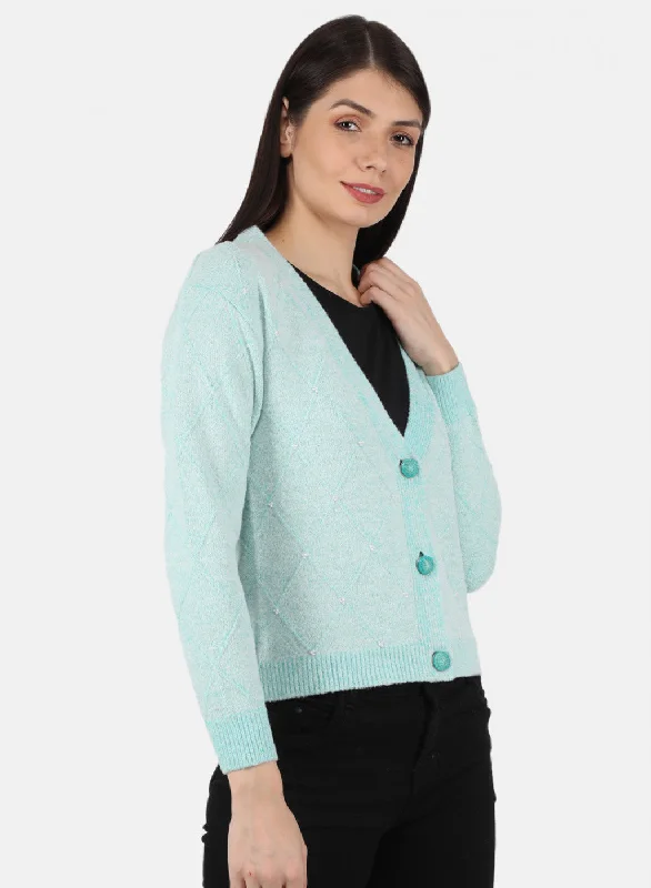 Women Blue Self Design Cardigan