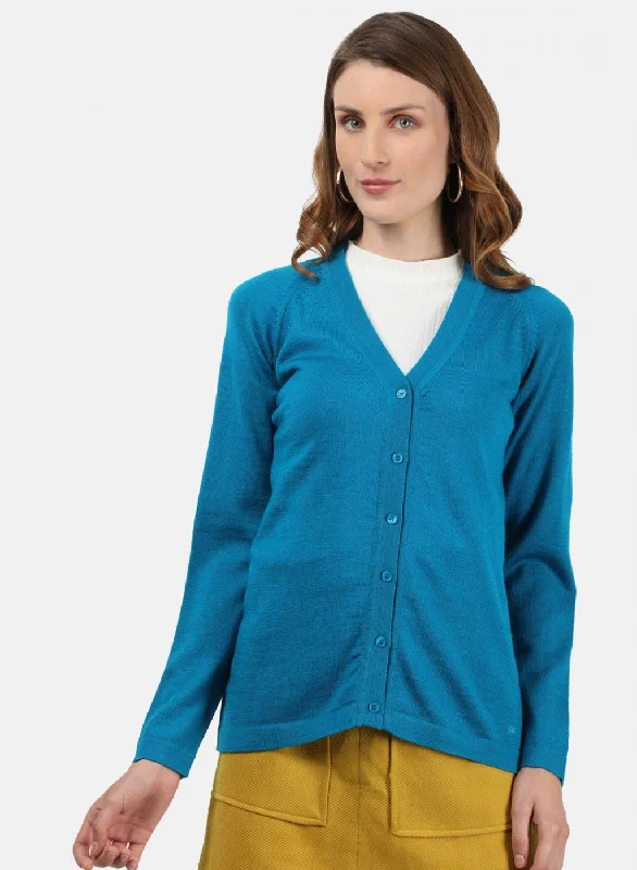 Women Blue Solid Cardigan