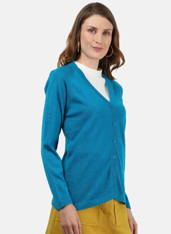 Women Blue Solid Cardigan