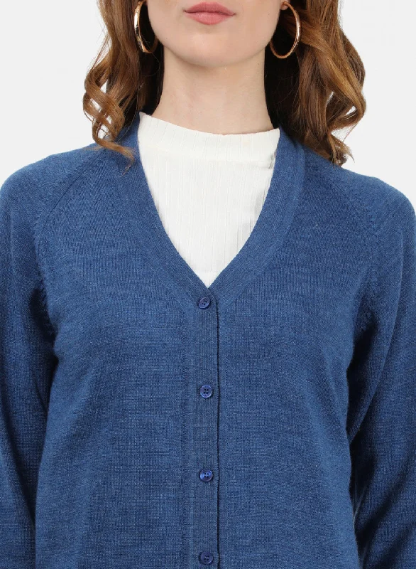 Women Blue Solid Cardigan