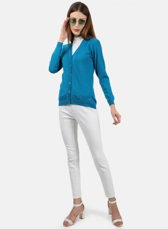 Women Blue Solid Cardigan