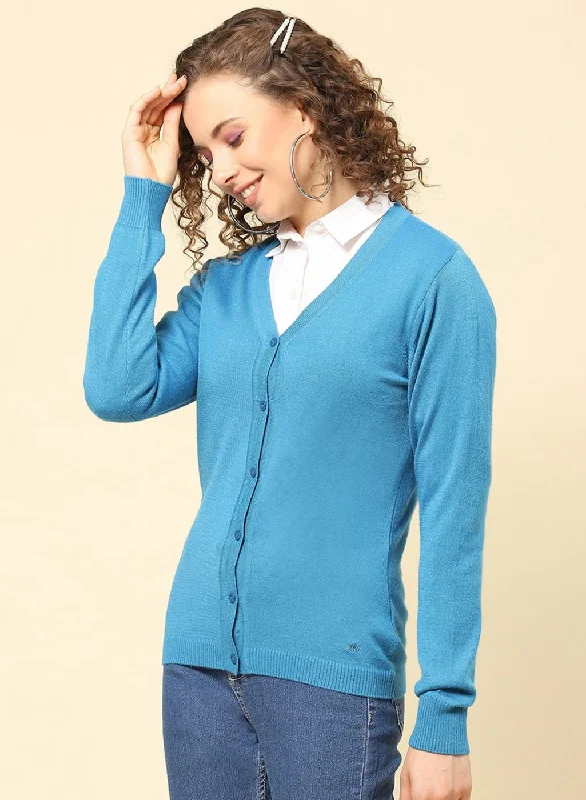 Women Blue Solid Modal Nylone Cardigan