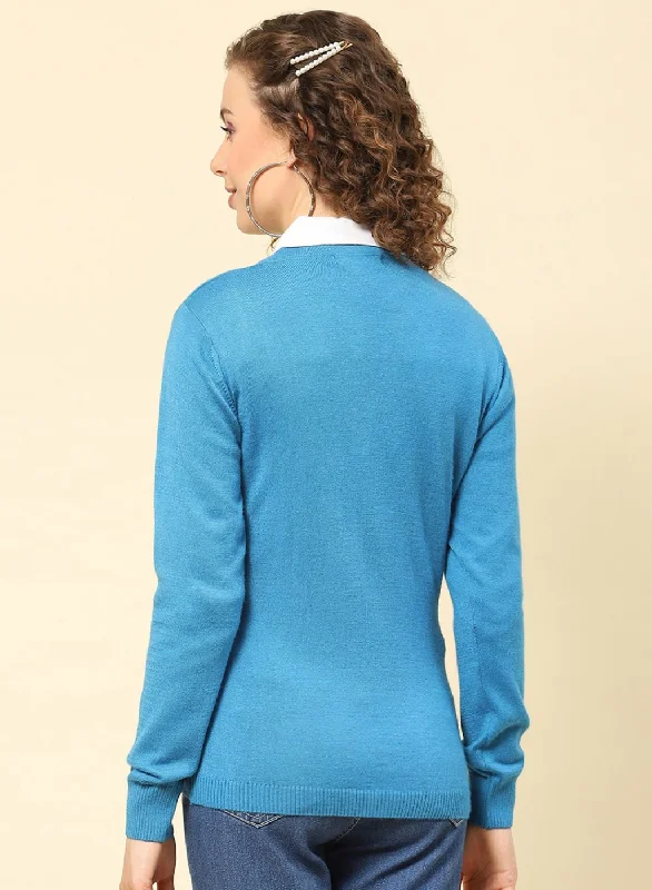 Women Blue Solid Modal Nylone Cardigan