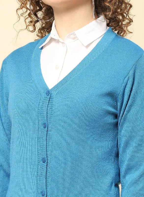 Women Blue Solid Modal Nylone Cardigan