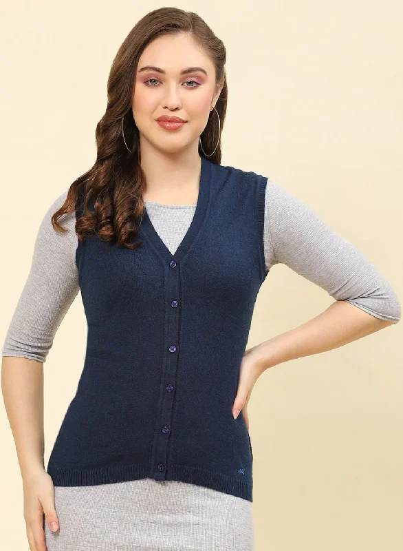 Women Blue Solid Modal Nylone Cardigan