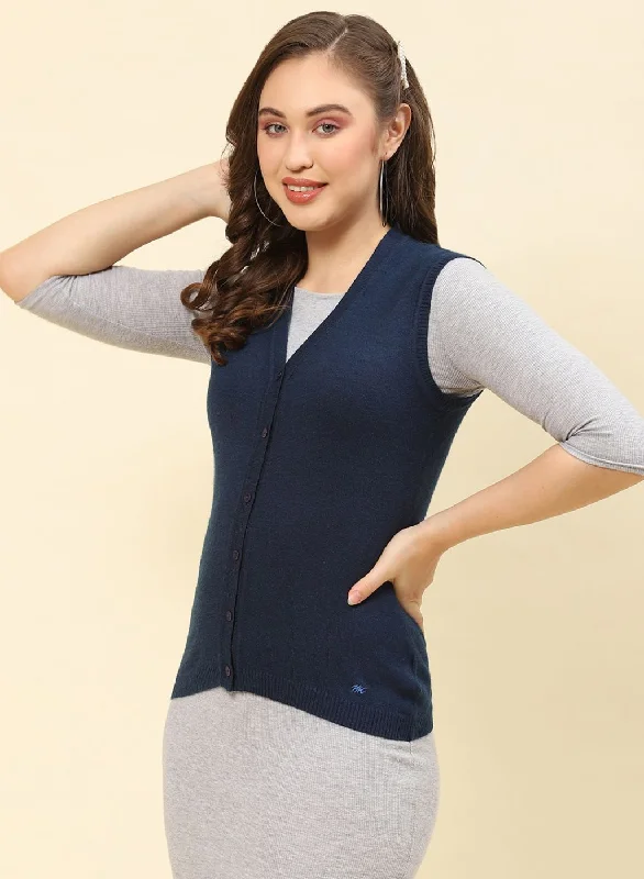 Women Blue Solid Modal Nylone Cardigan