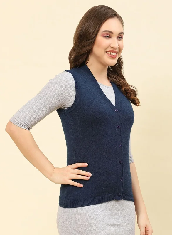 Women Blue Solid Modal Nylone Cardigan