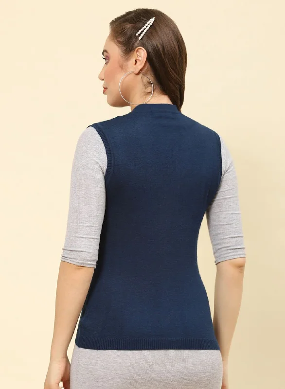 Women Blue Solid Modal Nylone Cardigan