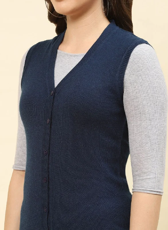 Women Blue Solid Modal Nylone Cardigan