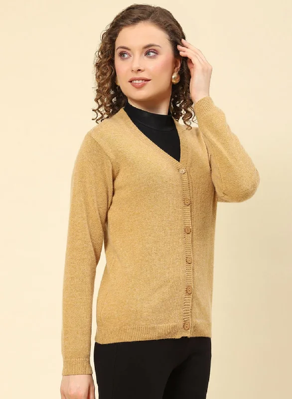 Women Brown Solid Lamb wool Cardigan