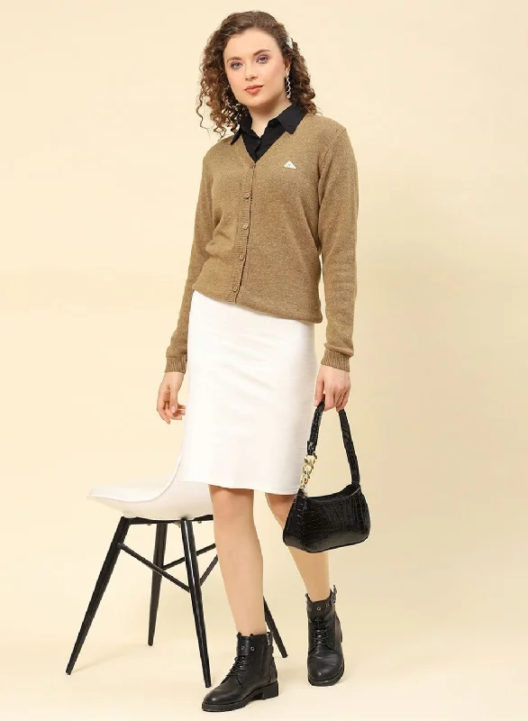 Women Brown Solid Lamb wool Cardigan