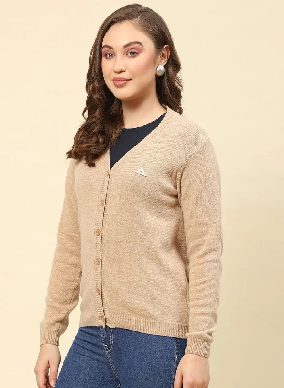 Women Camel Brown Solid Lamb wool Cardigan