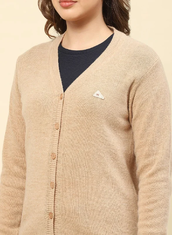 Women Camel Brown Solid Lamb wool Cardigan