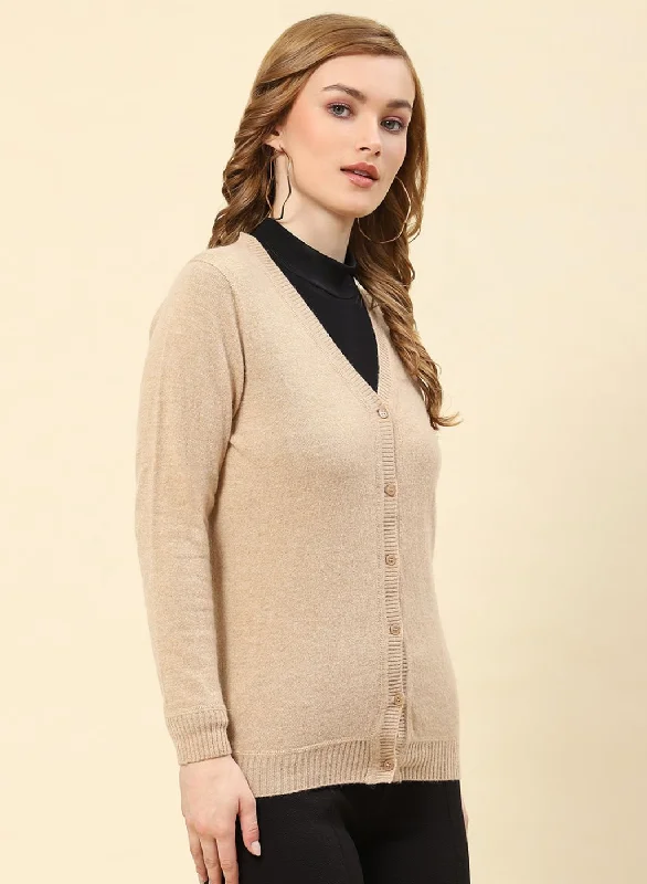 Women Camel Brown Solid Lamb wool Cardigan