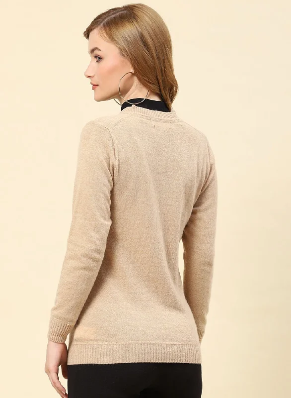 Women Camel Brown Solid Lamb wool Cardigan