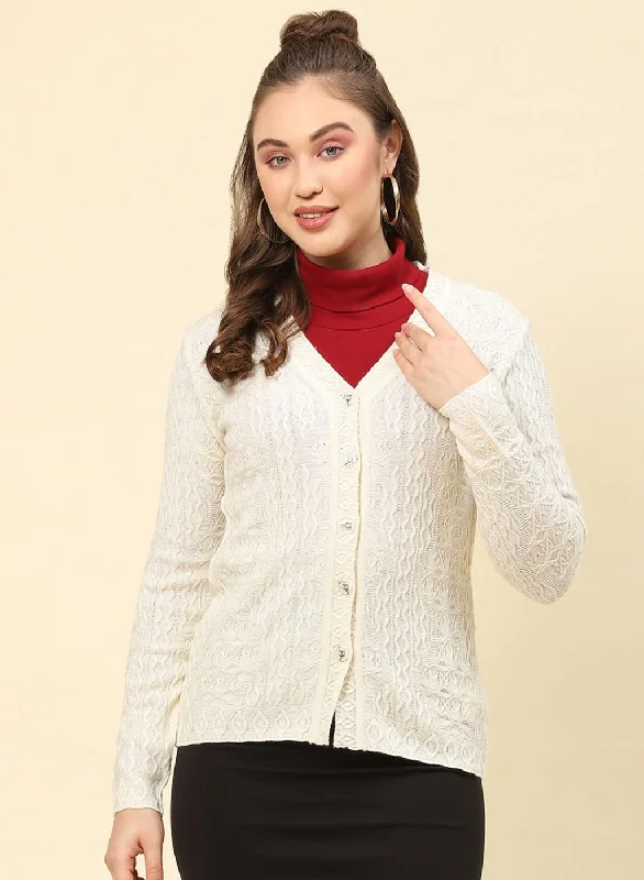 Women Cream Self Design Blend wool Cardigan